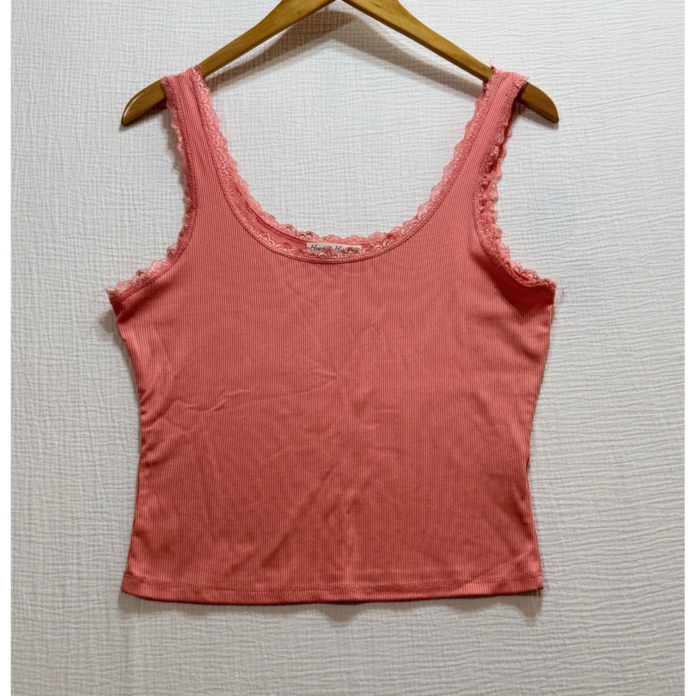Heart & Hips Tank Top‎ Womens Large Coral Pink Lace Trim Ribbed Y2K Romantic